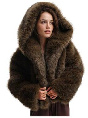 Faux Fur Hooded Cropped Winter Jacket Long Sleeve Open Front